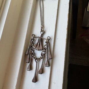 Vintage Mid Century Brutalist Silver Horseshoe Nail Pendant Necklace